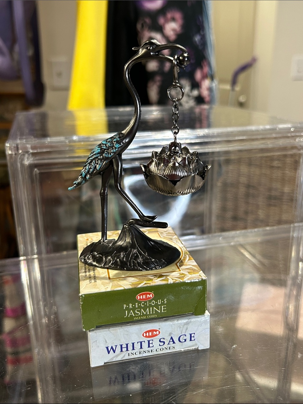 Patina Winged Silver Crane & Hanging Lotus Incense Holder Set of 2 Incense Cones - Picture 5 of 5